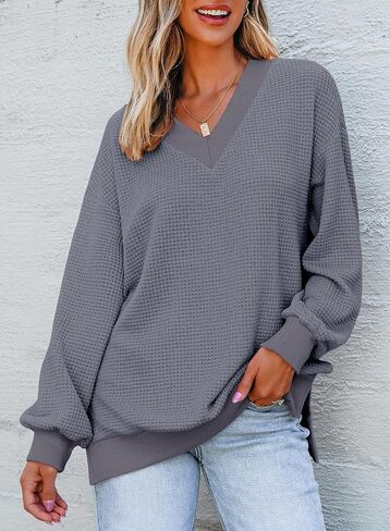 Dokotoo Womens sweatshirt raffle waffle متماسكة الأكمام الطويلة الخامس قمصان رقبة غير رسمية من البلوزات فضفاضة قمم السحب in Saudi Arabia