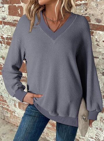 Dokotoo Womens sweatshirt raffle waffle متماسكة الأكمام الطويلة الخامس قمصان رقبة غير رسمية من البلوزات فضفاضة قمم السحب in Saudi Arabia