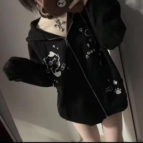 Kawaii Cat Ear Hoodie Y2k Zip Up Harajuku Clothes Cute Graphic Oversized Pullover Sweatshirt Streetwear Jacket in Kuwait