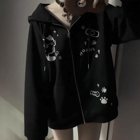 Kawaii Cat Ear Hoodie Y2k Zip Up Harajuku Clothes Cute Graphic Oversized Pullover Sweatshirt Streetwear Jacket in Kuwait