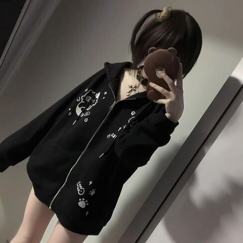 Kawaii Cat Ear Hoodie Y2k Zip Up Harajuku Clothes Cute Graphic Oversized Pullover Sweatshirt Streetwear Jacket in Kuwait