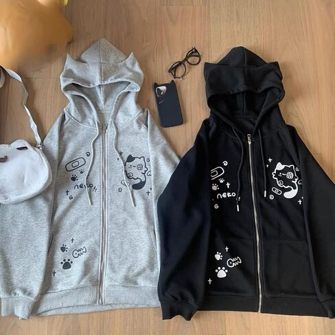 Kawaii Cat Ear Hoodie Y2k Zip Up Harajuku Clothes Cute Graphic Oversized Pullover Sweatshirt Streetwear Jacket in Kuwait