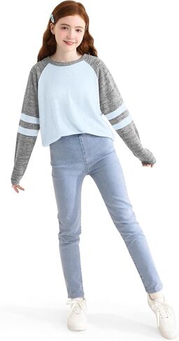 Girls Long Sleeve Shirts Striped Casual Tees Raglan Crewneck Sweatshirts Tops for 6-13 Years in Kuwait