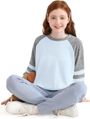 Girls Long Sleeve Shirts Striped Casual Tees Raglan Crewneck Sweatshirts Tops for 6-13 Years in Kuwait