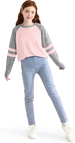 Girls Long Sleeve Shirts Striped Casual Tees Raglan Crewneck Sweatshirts Tops for 6-13 Years in Kuwait