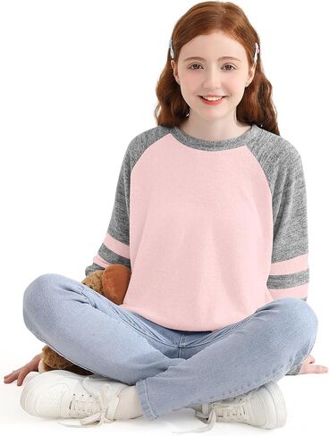 Girls Long Sleeve Shirts Striped Casual Tees Raglan Crewneck Sweatshirts Tops for 6-13 Years in Kuwait