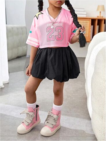Verdusa Toddler Girl's Summer Jersey Shirts Half Sleeve Crop Tops V Neck Graphic Tees in Saudi Arabia