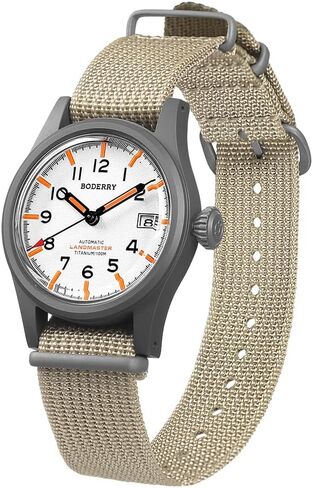 BODERRY Men's Watch Titanium Automatic Field Watch 38mm Military Watch Day Date Function 100M Waterproof with Nylon Strap Japanese NH35 Mechanical Movement & Screw Down Crown—LANDMASTER in Saudi Arabia