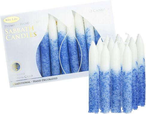 Shabbat Candles by Rite Lite - 12 Pieces - Packaged in a Beautiful Box with an Artistic Card (White & Blue) in Saudi Arabia