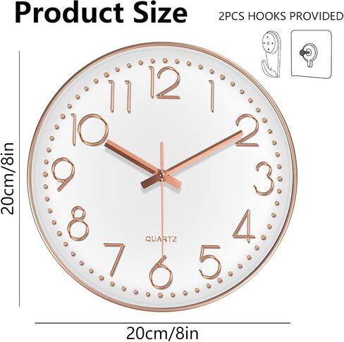 Silent Wall Clocks Battery Operated 8 Inch, Analog Wall Clock with Oversized Number Tempered Glass Clock Face, Rose Gold Quartz Non Ticking Wall Clocks for Living Room Bedroom Kitchen Office in Kuwait
