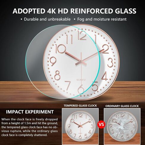 Silent Wall Clocks Battery Operated 8 Inch, Analog Wall Clock with Oversized Number Tempered Glass Clock Face, Rose Gold Quartz Non Ticking Wall Clocks for Living Room Bedroom Kitchen Office in Kuwait