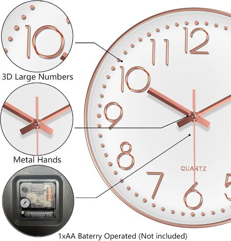 Silent Wall Clocks Battery Operated 8 Inch, Analog Wall Clock with Oversized Number Tempered Glass Clock Face, Rose Gold Quartz Non Ticking Wall Clocks for Living Room Bedroom Kitchen Office in Kuwait