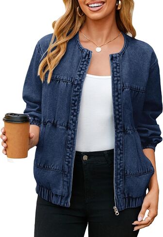 Glamaker Womens Zip Up Jean Jacket Trendy Casual Long Sleeve Crew Neck Loose Fit Denim Jacket Fall Outfits With Pockets in Saudi Arabia