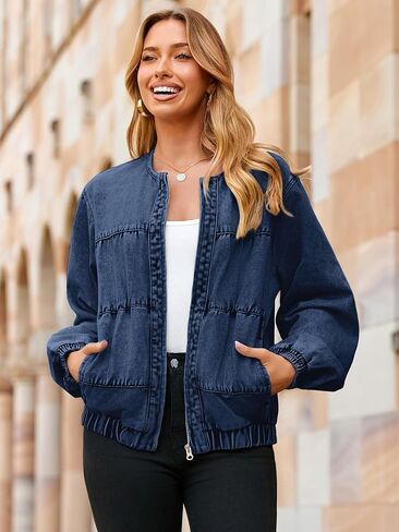 Glamaker Womens Zip Up Jean Jacket Trendy Casual Long Sleeve Crew Neck Loose Fit Denim Jacket Fall Outfits With Pockets in Saudi Arabia