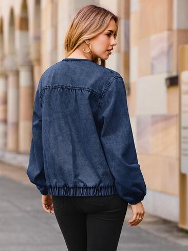 Glamaker Womens Zip Up Jean Jacket Trendy Casual Long Sleeve Crew Neck Loose Fit Denim Jacket Fall Outfits With Pockets in Saudi Arabia