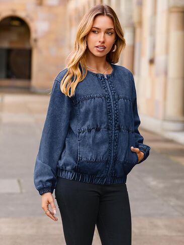 Glamaker Womens Zip Up Jean Jacket Trendy Casual Long Sleeve Crew Neck Loose Fit Denim Jacket Fall Outfits With Pockets in Saudi Arabia