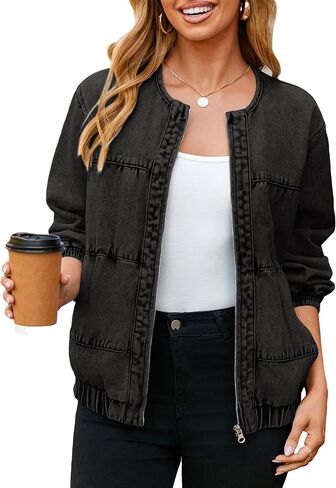 Glamaker Womens Zip Up Jean Jacket Trendy Casual Long Sleeve Crew Neck Loose Fit Denim Jacket Fall Outfits With Pockets in Saudi Arabia