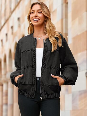 Glamaker Womens Zip Up Jean Jacket Trendy Casual Long Sleeve Crew Neck Loose Fit Denim Jacket Fall Outfits With Pockets in Saudi Arabia