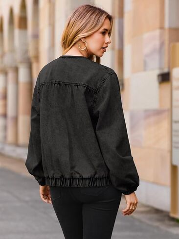 Glamaker Womens Zip Up Jean Jacket Trendy Casual Long Sleeve Crew Neck Loose Fit Denim Jacket Fall Outfits With Pockets in Saudi Arabia