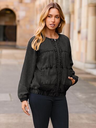 Glamaker Womens Zip Up Jean Jacket Trendy Casual Long Sleeve Crew Neck Loose Fit Denim Jacket Fall Outfits With Pockets in Saudi Arabia