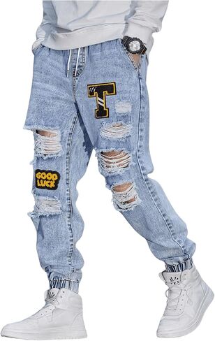 Oyoangle Men Pargo Joggers Pants خطاب مرقح جينز ممزق الخصر السراويل الدنيم المحببة in Kuwait