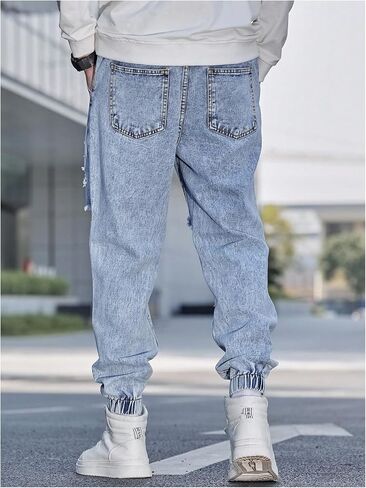 Oyoangle Men Pargo Joggers Pants خطاب مرقح جينز ممزق الخصر السراويل الدنيم المحببة in Kuwait