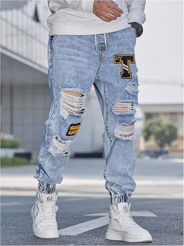 Oyoangle Men Pargo Joggers Pants خطاب مرقح جينز ممزق الخصر السراويل الدنيم المحببة in Kuwait