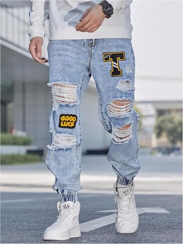 Oyoangle Men Pargo Joggers Pants خطاب مرقح جينز ممزق الخصر السراويل الدنيم المحببة in Kuwait