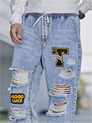 Oyoangle Men Pargo Joggers Pants خطاب مرقح جينز ممزق الخصر السراويل الدنيم المحببة in Kuwait