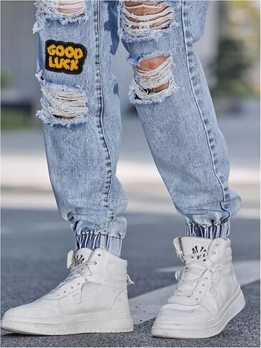 Oyoangle Men Pargo Joggers Pants خطاب مرقح جينز ممزق الخصر السراويل الدنيم المحببة in Kuwait