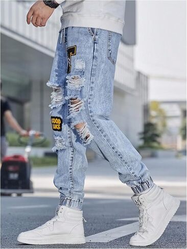 Oyoangle Men Pargo Joggers Pants خطاب مرقح جينز ممزق الخصر السراويل الدنيم المحببة in Kuwait