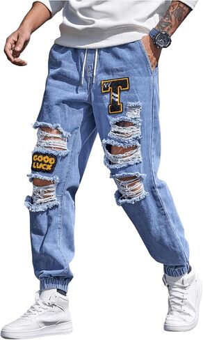 Oyoangle Men Pargo Joggers Pants خطاب مرقح جينز ممزق الخصر السراويل الدنيم المحببة in Kuwait