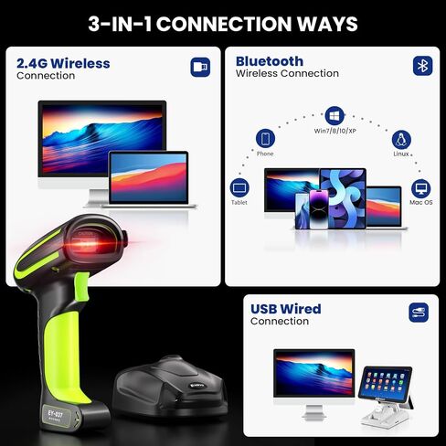 Eyoyo 1D 2D QR Industrial Bluetooth Barcode Scanner with Wireless Charging Stand, Rugged & IP65 Waterproof, Cordless & USB Wired Hands-Free Handheld Bar Code Scanner Reader for Laptop Desktop Android in Saudi Arabia