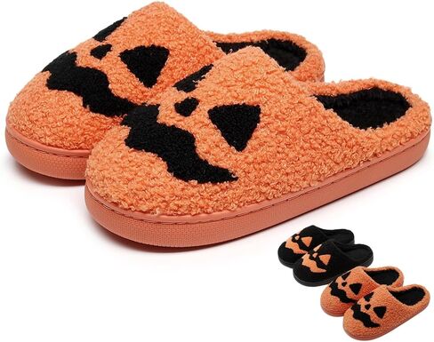 Halloween Pumpkin Slippers - Cozy Sherpa Jack-o'-Lantern House Shoes Non-Slip Sole Spooky Cute Indoor Outdoor in Saudi Arabia
