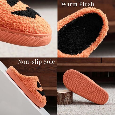 Halloween Pumpkin Slippers - Cozy Sherpa Jack-o'-Lantern House Shoes Non-Slip Sole Spooky Cute Indoor Outdoor in Saudi Arabia