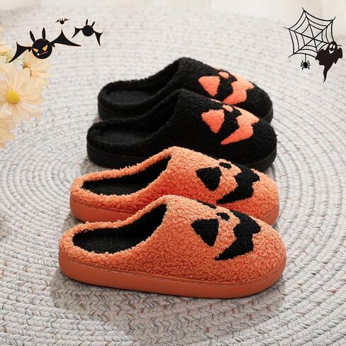 Halloween Pumpkin Slippers - Cozy Sherpa Jack-o'-Lantern House Shoes Non-Slip Sole Spooky Cute Indoor Outdoor in Saudi Arabia