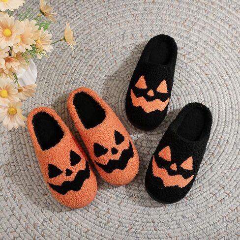 Halloween Pumpkin Slippers - Cozy Sherpa Jack-o'-Lantern House Shoes Non-Slip Sole Spooky Cute Indoor Outdoor in Saudi Arabia