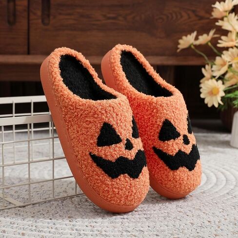 Halloween Pumpkin Slippers - Cozy Sherpa Jack-o'-Lantern House Shoes Non-Slip Sole Spooky Cute Indoor Outdoor in Saudi Arabia