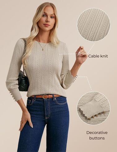 GRACE KARIN Women Long Sleeve Sweater Cable Knit Crewneck Sweater Lightweight Knit Pullover Tops with Decorative Buttons in Saudi Arabia