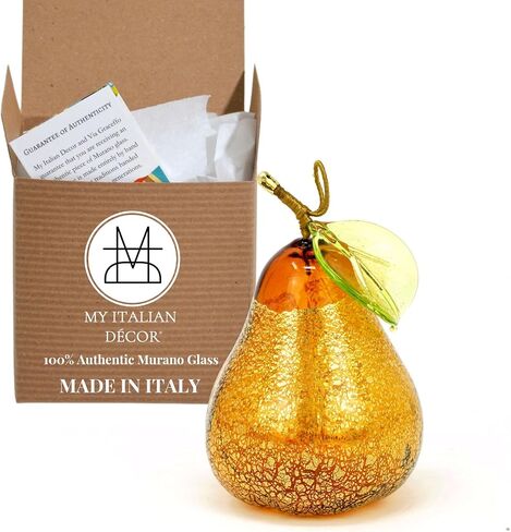 Murano Glass Amber Pear Ornament, 3" Tall, 1PCS, Fruit Ornaments for Christmas Tree, Fruit Decor, Decorative Fruit, Faux Pear Fruit Christmas Ornament, Made in Italy in Saudi Arabia