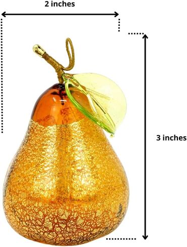 Murano Glass Amber Pear Ornament, 3" Tall, 1PCS, Fruit Ornaments for Christmas Tree, Fruit Decor, Decorative Fruit, Faux Pear Fruit Christmas Ornament, Made in Italy in Saudi Arabia