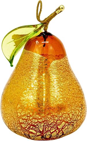 Murano Glass Amber Pear Ornament, 3" Tall, 1PCS, Fruit Ornaments for Christmas Tree, Fruit Decor, Decorative Fruit, Faux Pear Fruit Christmas Ornament, Made in Italy in Saudi Arabia