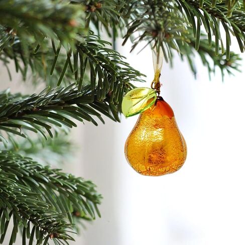 Murano Glass Amber Pear Ornament, 3" Tall, 1PCS, Fruit Ornaments for Christmas Tree, Fruit Decor, Decorative Fruit, Faux Pear Fruit Christmas Ornament, Made in Italy in Saudi Arabia