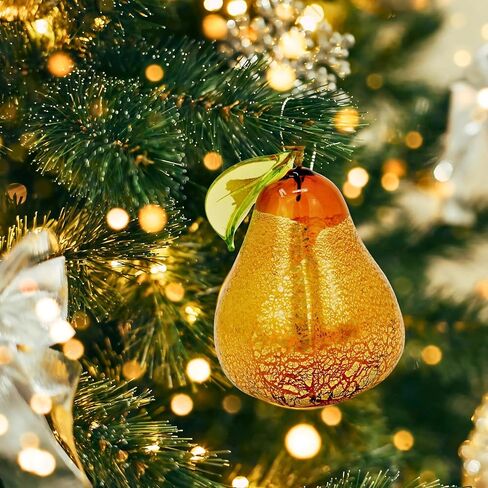 Murano Glass Amber Pear Ornament, 3" Tall, 1PCS, Fruit Ornaments for Christmas Tree, Fruit Decor, Decorative Fruit, Faux Pear Fruit Christmas Ornament, Made in Italy in Saudi Arabia