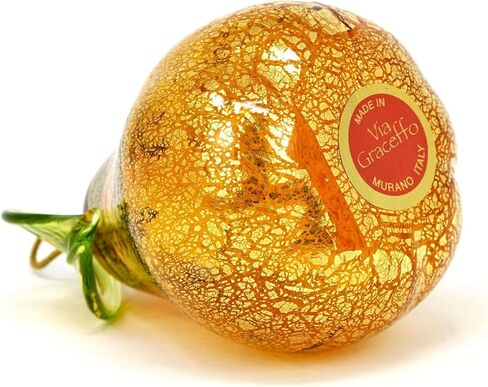 Murano Glass Amber Pear Ornament, 3" Tall, 1PCS, Fruit Ornaments for Christmas Tree, Fruit Decor, Decorative Fruit, Faux Pear Fruit Christmas Ornament, Made in Italy in Saudi Arabia