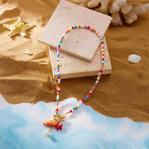KURTCB Coral Fish Necklace Boho Beachy Hawaiian Coastal Jewelry for Women Men Colorful Summer Beach Ocean Beaded Necklace in Saudi Arabia