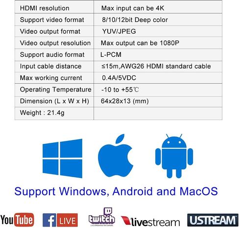 4K60 HDMI Capture Card for Streaming,4K HDR10 Passthrough,4K Cam Link for Recording,Type C USB Audio Video Game Capture Card Device for Nintendo Switch/PS4/5/Xbox,Windows/MacOS/OBS/VLC/Vmix in Kuwait