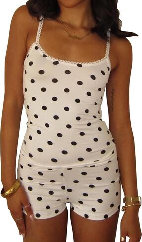 yuemengxuan النساء y2k polka dot pajamas مجموعات 2 قطعة مثيرة الملابس الصيف مجموعة بلا أكمام strappy كامي أعلى المحاصيل in Kuwait