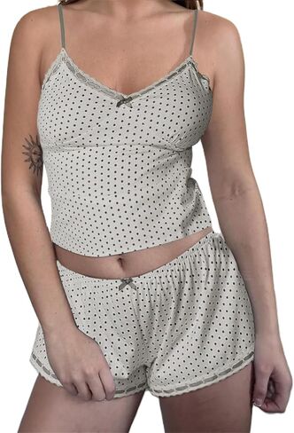 yuemengxuan النساء y2k polka dot pajamas مجموعات 2 قطعة مثيرة الملابس الصيف مجموعة بلا أكمام strappy كامي أعلى المحاصيل in Kuwait