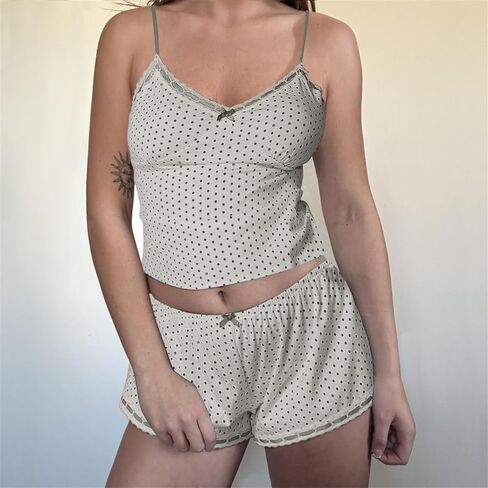 yuemengxuan النساء y2k polka dot pajamas مجموعات 2 قطعة مثيرة الملابس الصيف مجموعة بلا أكمام strappy كامي أعلى المحاصيل in Kuwait